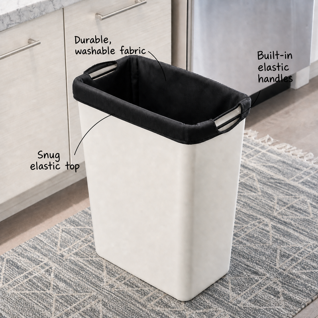 Reusable liner fitted inside a 13-gallon can with handwritten callouts for its handles, washable fabric, and elastic top